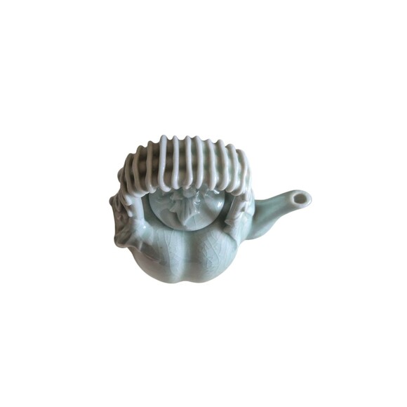 Chinese VTG Porcelain Crackle Celedon Glazed Pumpkin Squash Leaf Tea Pot Kettle - Picture 5 of 5